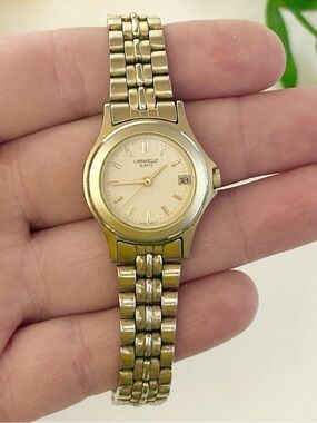 Vintage Caravelle Bulova Ladies Day/Date Watch WORKS! Chic Round Gold-Tone Dial